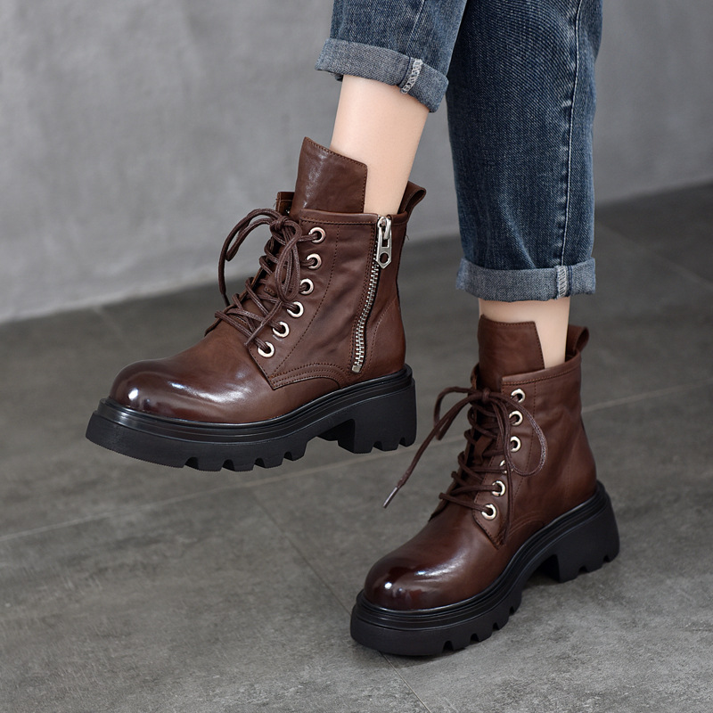 江南鞋匠头层拉链系带马丁靴女中性帅气短靴2025秋款真厚底女靴