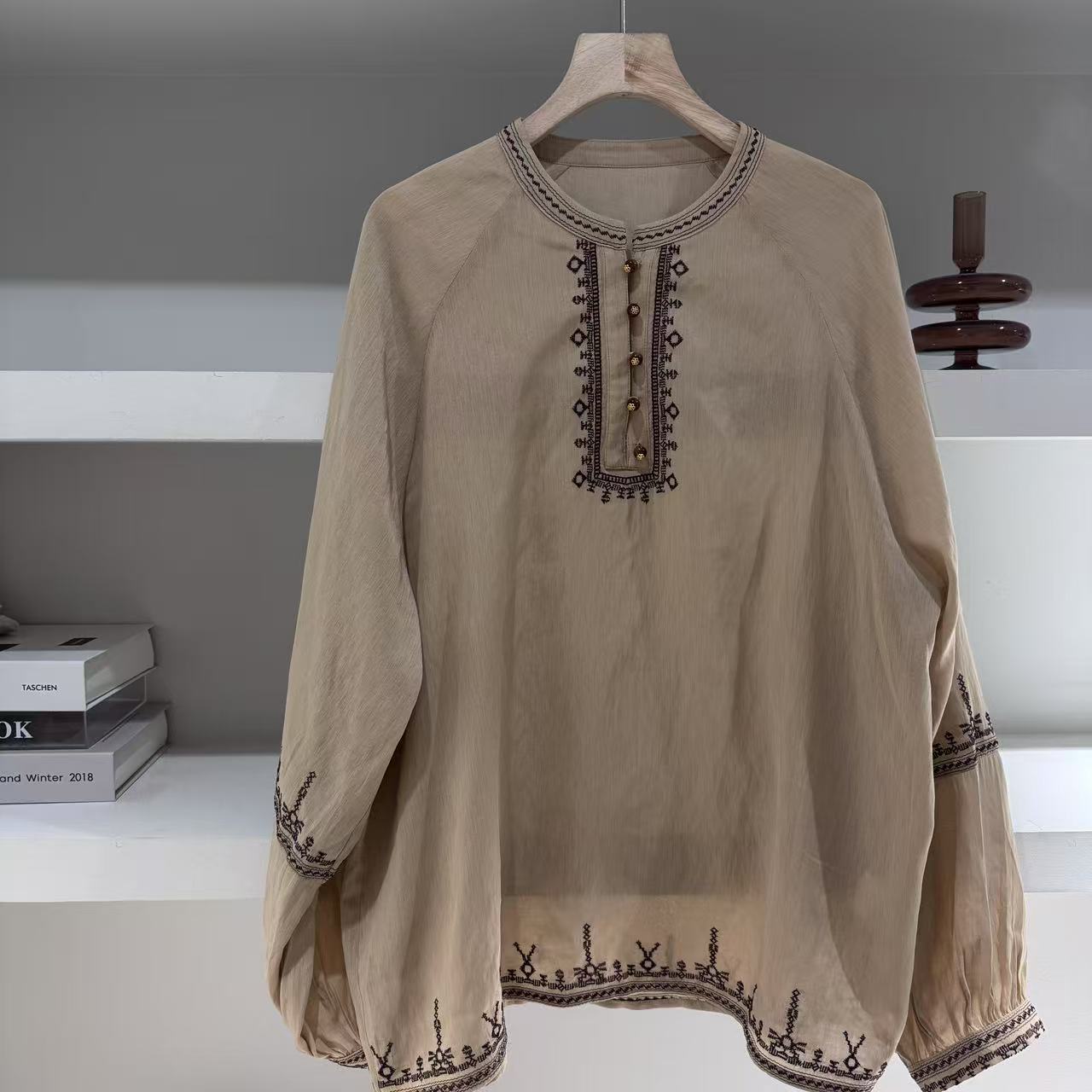 【游春令】轻中式气质时尚休闲圆领薄款长袖衬衫宽松上衣女