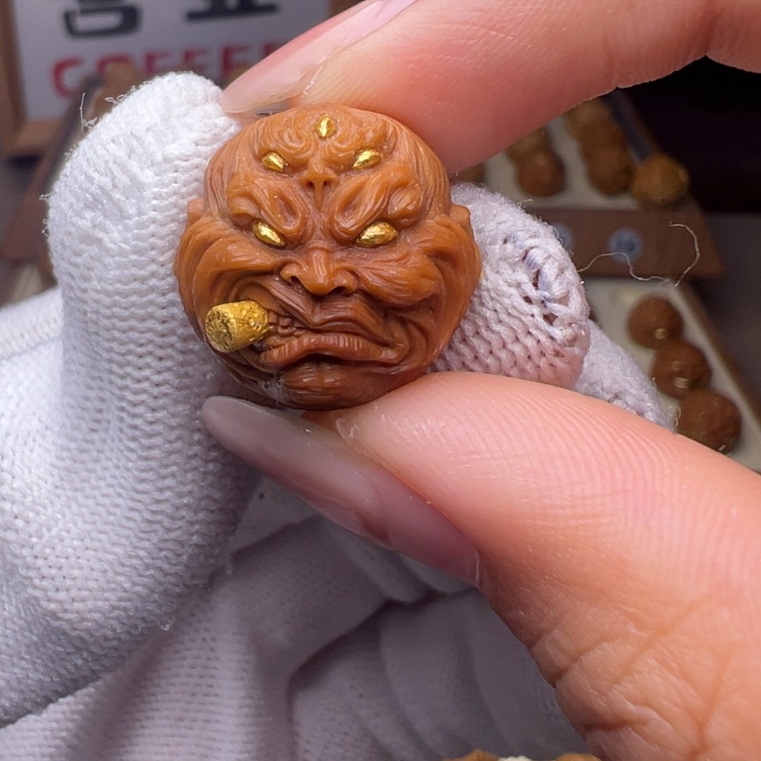 把件猴头核桃精修镶嵌金五目烟鬼全品有正常封口线