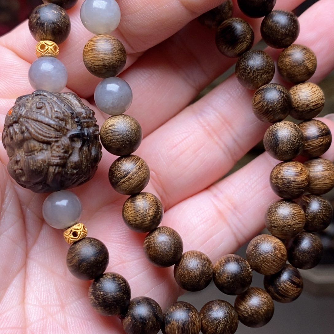 沉香手串越南芽庄黄棋楠瘤疤08➕扎基沉香木雕