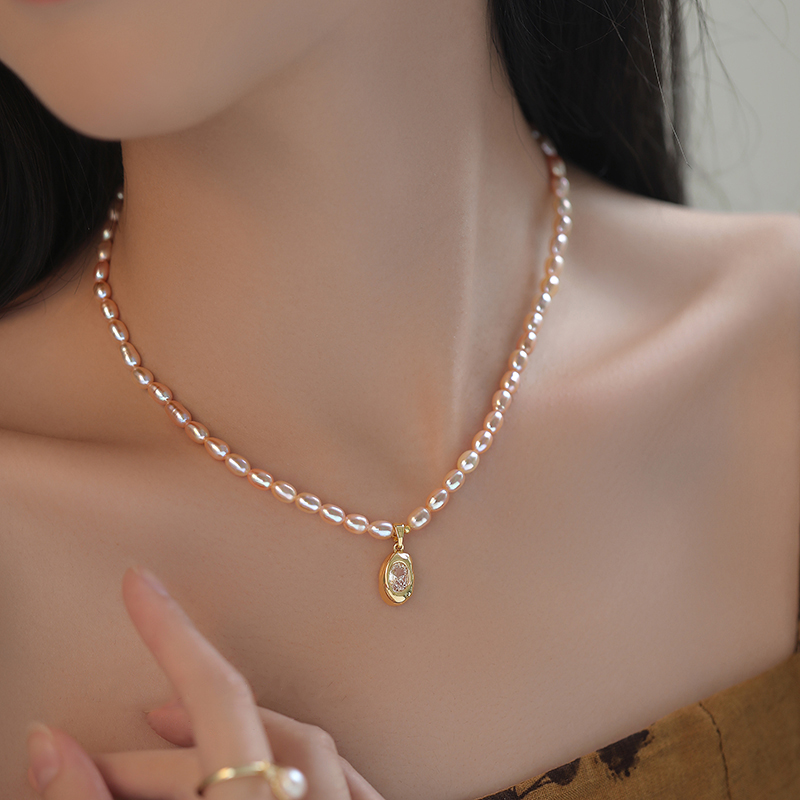 【东方红】橘粉色天然珍珠项链女气质复古法式高级锁骨链时尚毛衣链