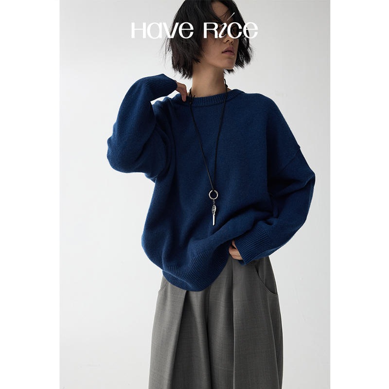  【气质圆领毛衣】蓝调时刻 韩系休闲宽松蓝色圆领毛衣