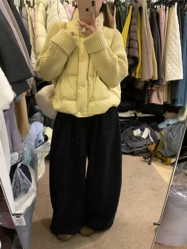冬季加绒加厚松紧腰裤脚可抽绳宽松显瘦休闲阔腿长裤女