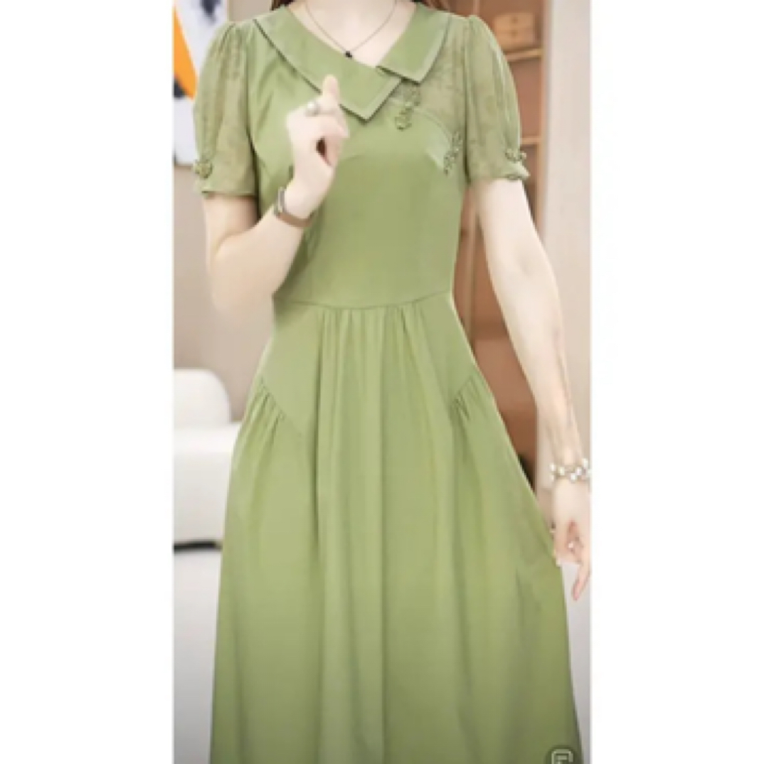 A0480新款夏季绿色娃娃领短袖修身女装a字连衣裙