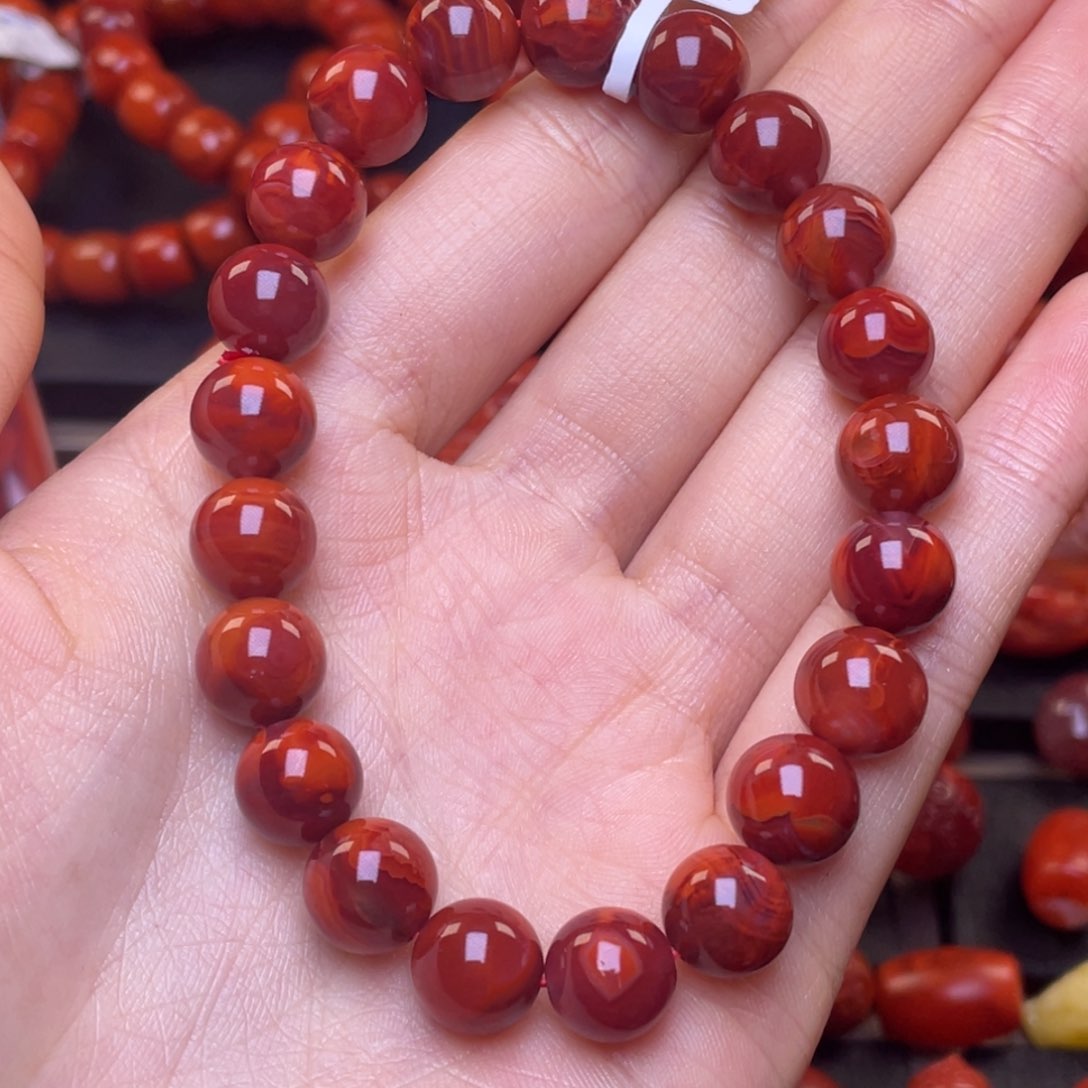 南红玛瑙其他未镶嵌两***翁9mm➕瓦西玫红火焰圆珠手串
