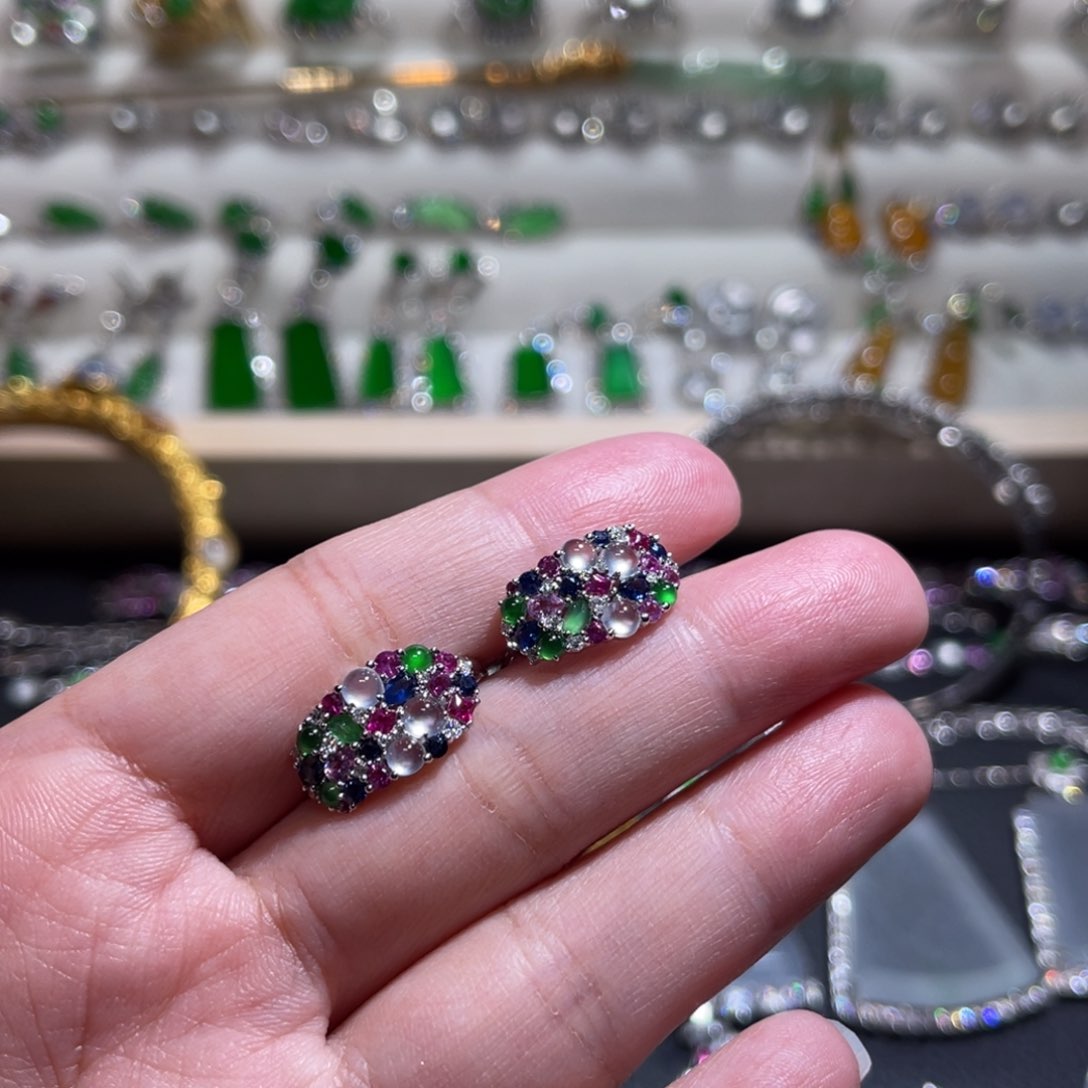 翡翠耳饰18K金镶嵌多宝耳包