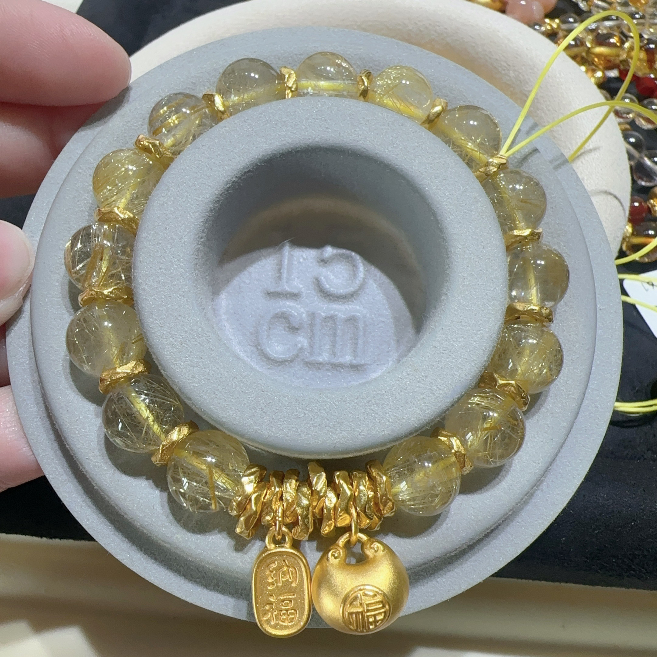 天然金发晶足金999胖福招财纳福牌精美手链原创设计黄色单圈配饰