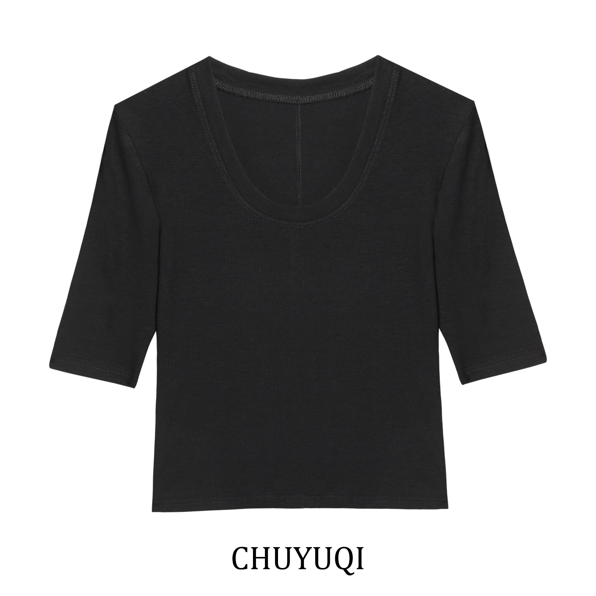 除于七“基础天菜”纯欲U领T恤春夏新款纯色上衣修身短款内搭女1972