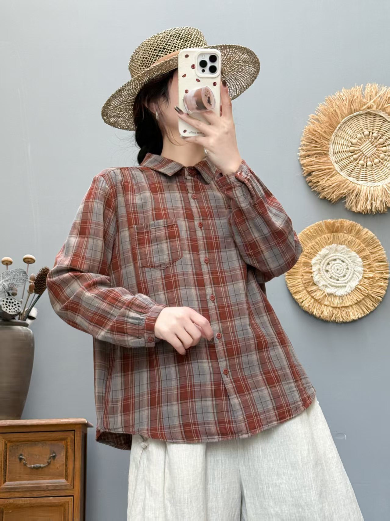 上衣衬衣长袖时尚格子衬衫宽松复古百搭休闲显瘦格纹韩版春季8212