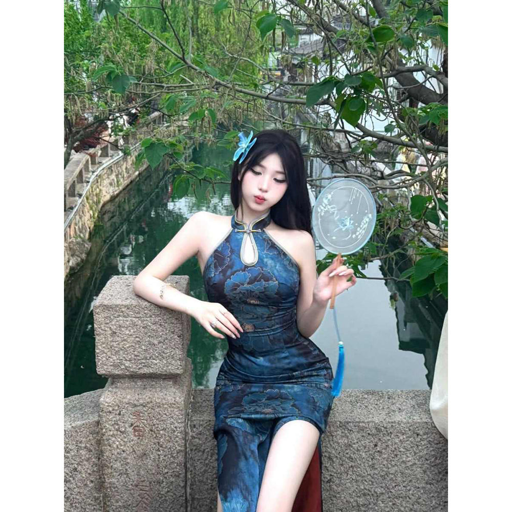 低开衩常规袖新中式长裙旗袍夏季复古印花性感显瘦气质少女法式