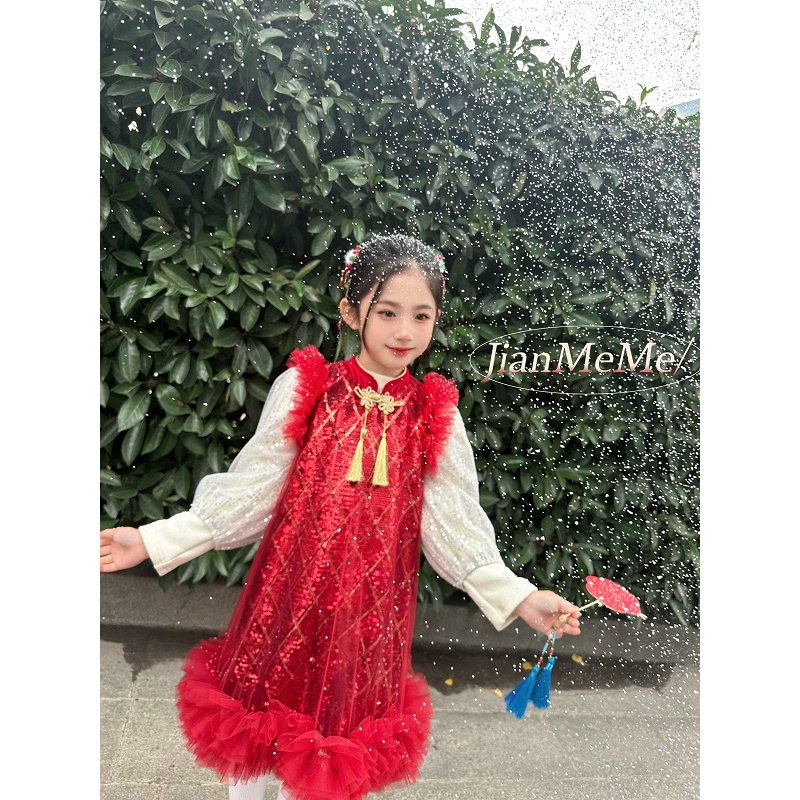 F104【红炉映雪】红色女童公主裙拜年服新款加绒长袖连衣裙231720