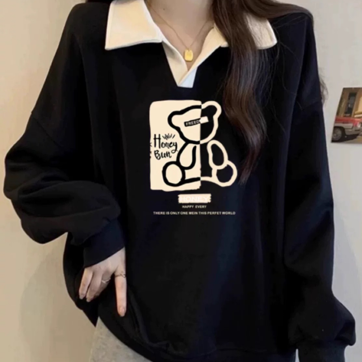 咚咚咚/老钱风翻领长袖学院风秋季卫衣休闲秋冬印花连帽