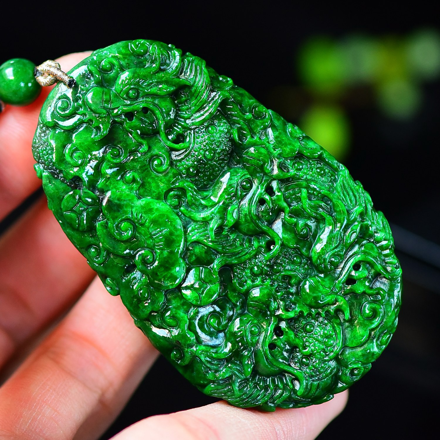 天然A货翡翠花青满辣色九龙护主九龙牌设计款毛衣链