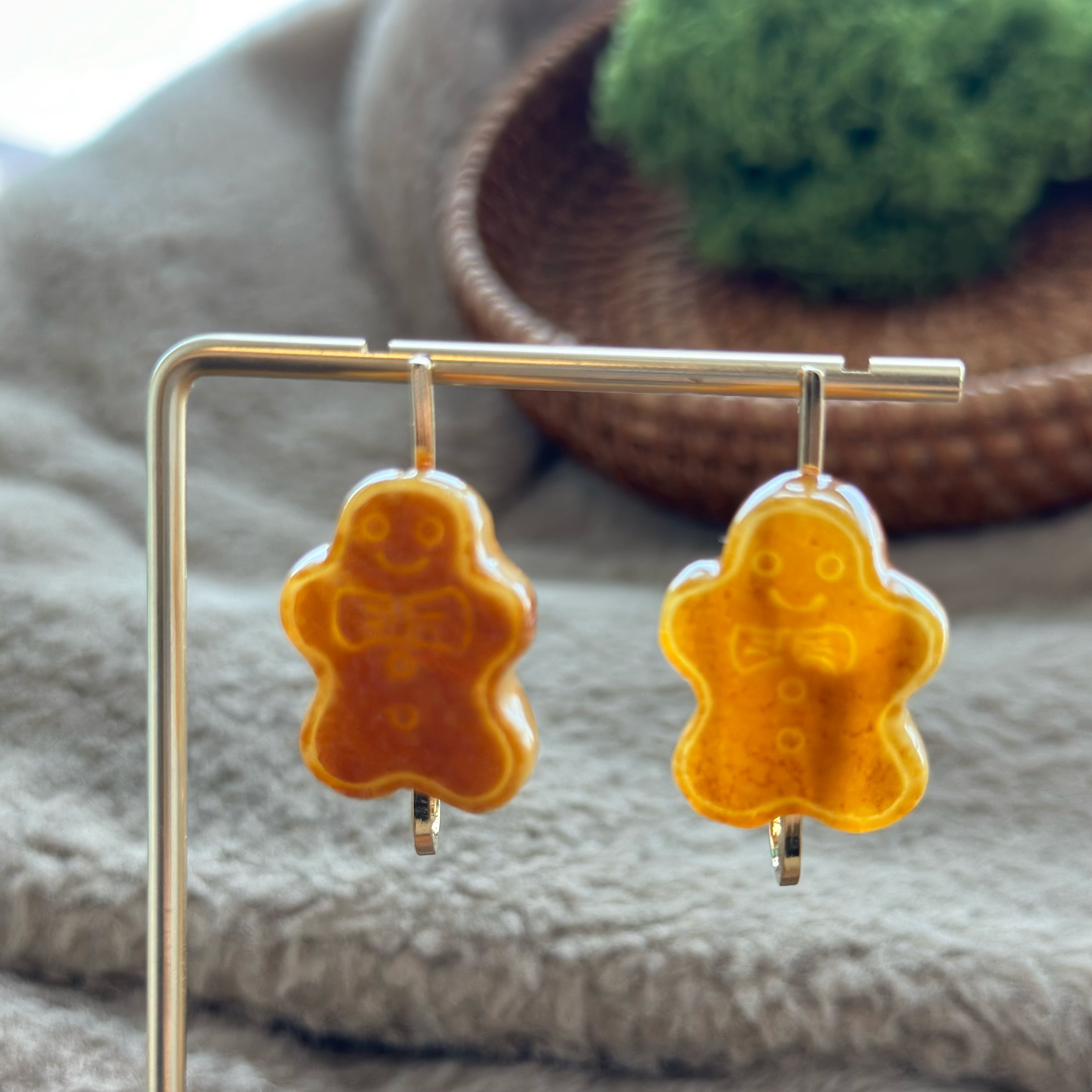 吉月蜜蜡原皮饼干姜饼人U型耳钉