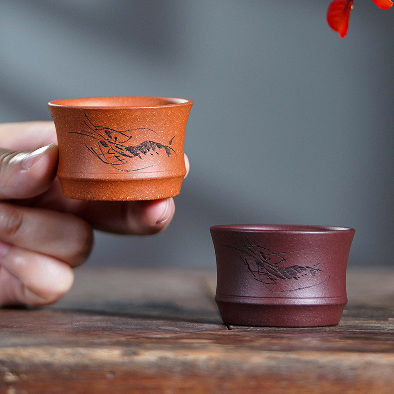 宜兴紫砂品茗杯 手工刻绘虾趣功夫茶杯小容量单杯个人家用茶盏杯