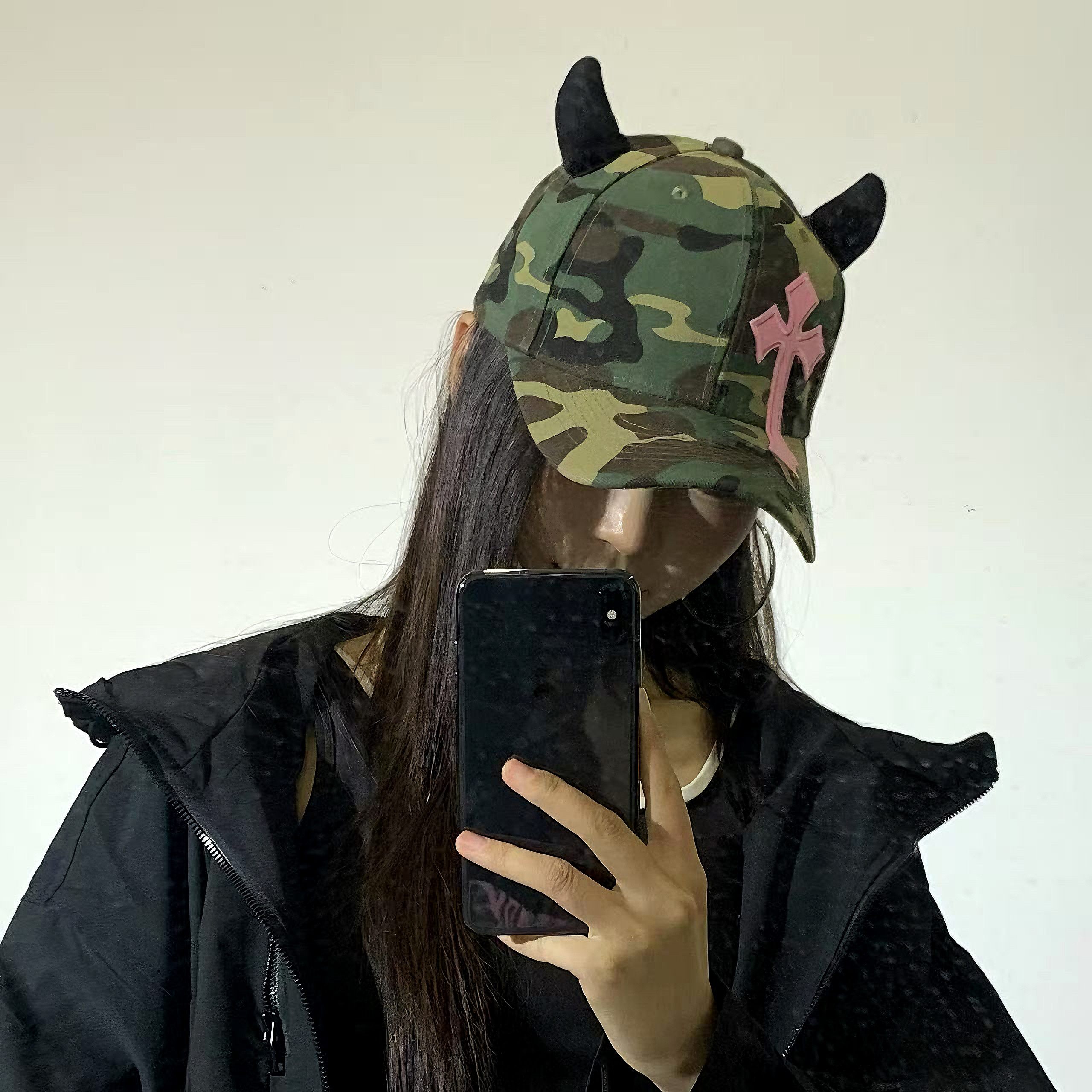 十三姨 十字架潮流韩版迷彩粉棒球帽