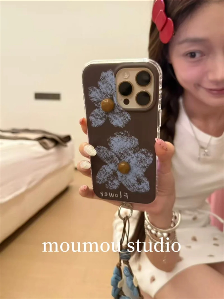 ins韩系两朵油画蓝花朵适用iPhone17pro手机壳16promax手提15pro