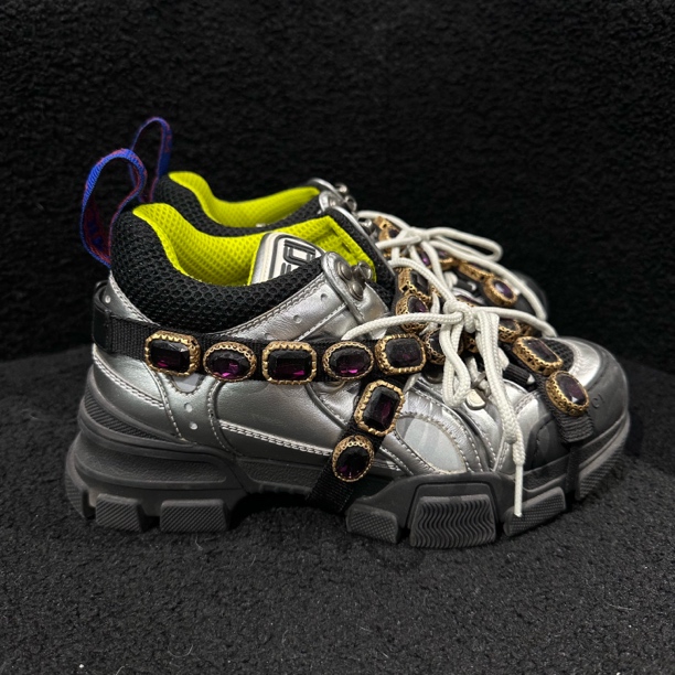 99新 GUCCI/古驰 黑银拼色宝石绑带厚底老爹鞋/36码