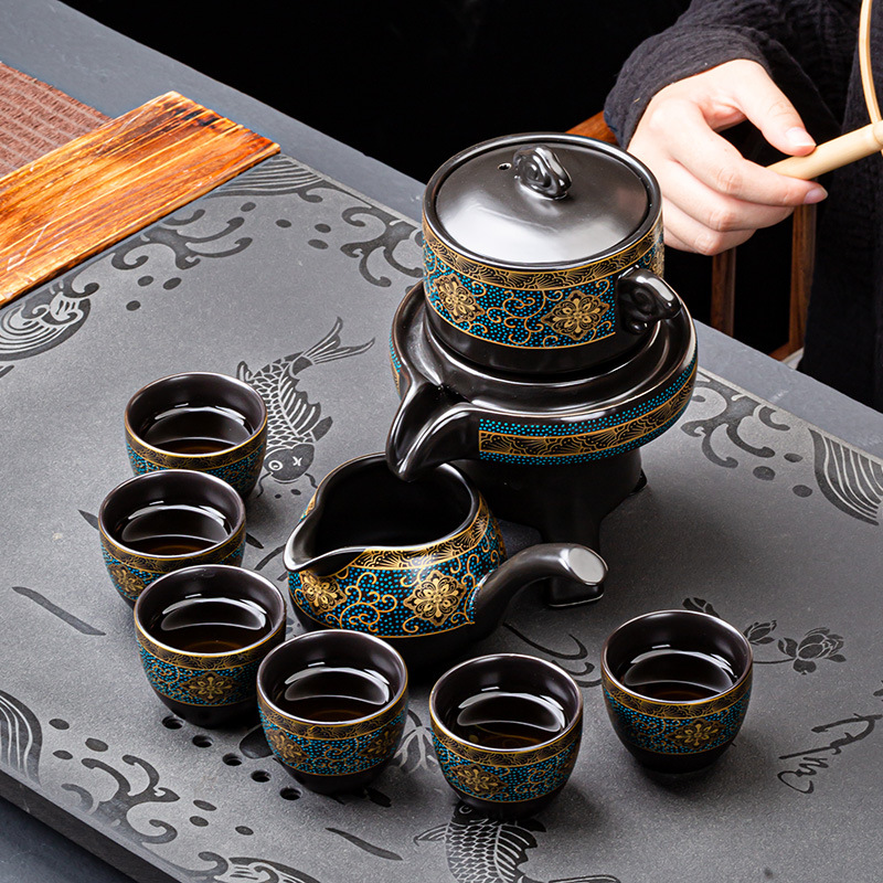 新中式懒人石磨半全自动茶具石磨陶瓷复古鎏金印花茶具小礼品