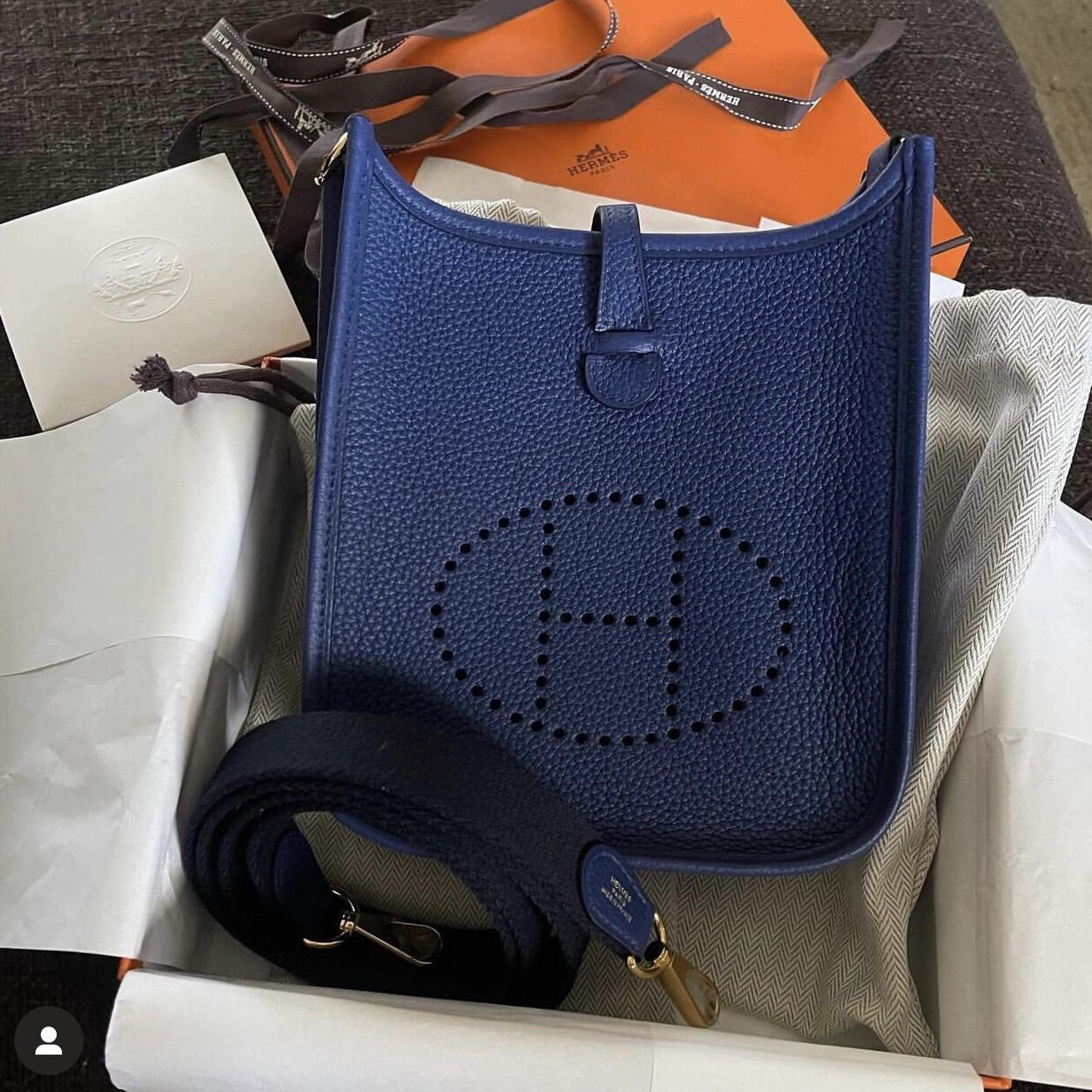 99新 Hermes/爱马仕 【老于】mini伊芙琳蓝色金扣tc皮y单肩包