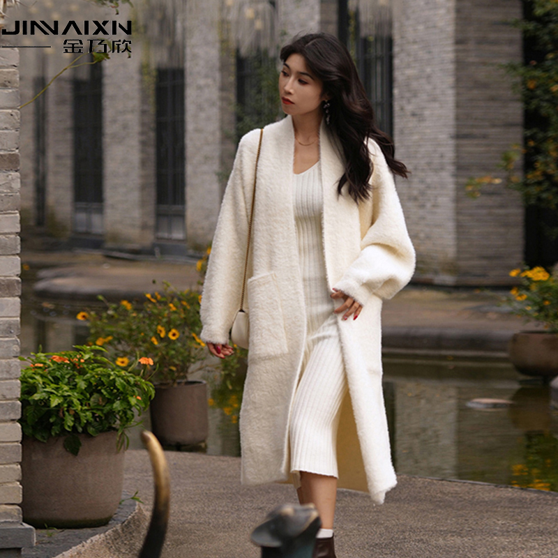 秋冬百搭毛衣外套宽松水貂绒慵懒风纯色中长款针织开衫显瘦大衣