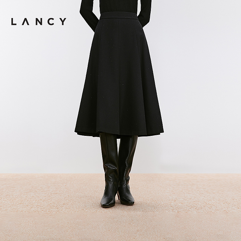 LANCY/朗姿24冬新款珠片细闪羊毛黑色高腰A字半身裙高级感半裙女