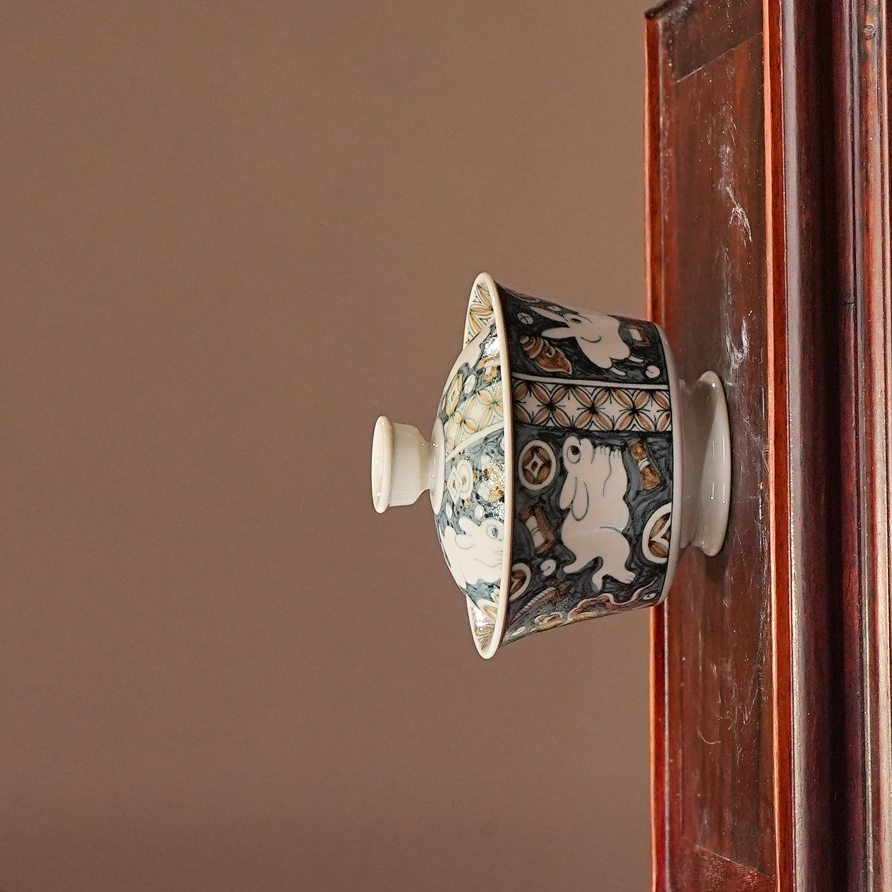 渐昇堂丨青+金满踏九兔报喜盖碗 120ML 景德镇陶瓷纯手工茶杯茶具