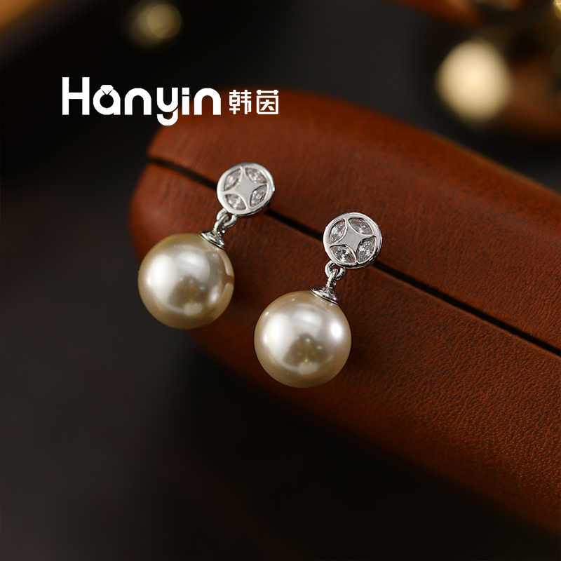 铜合金仿珍珠耳饰 925银针 10mm韩国进口摩卡慕斯珠珠钱多多耳钉