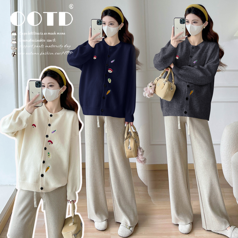孕妇卫衣2025秋冬新款孕妇刺绣加厚毛衣宽松大版圆领长袖开衫外套