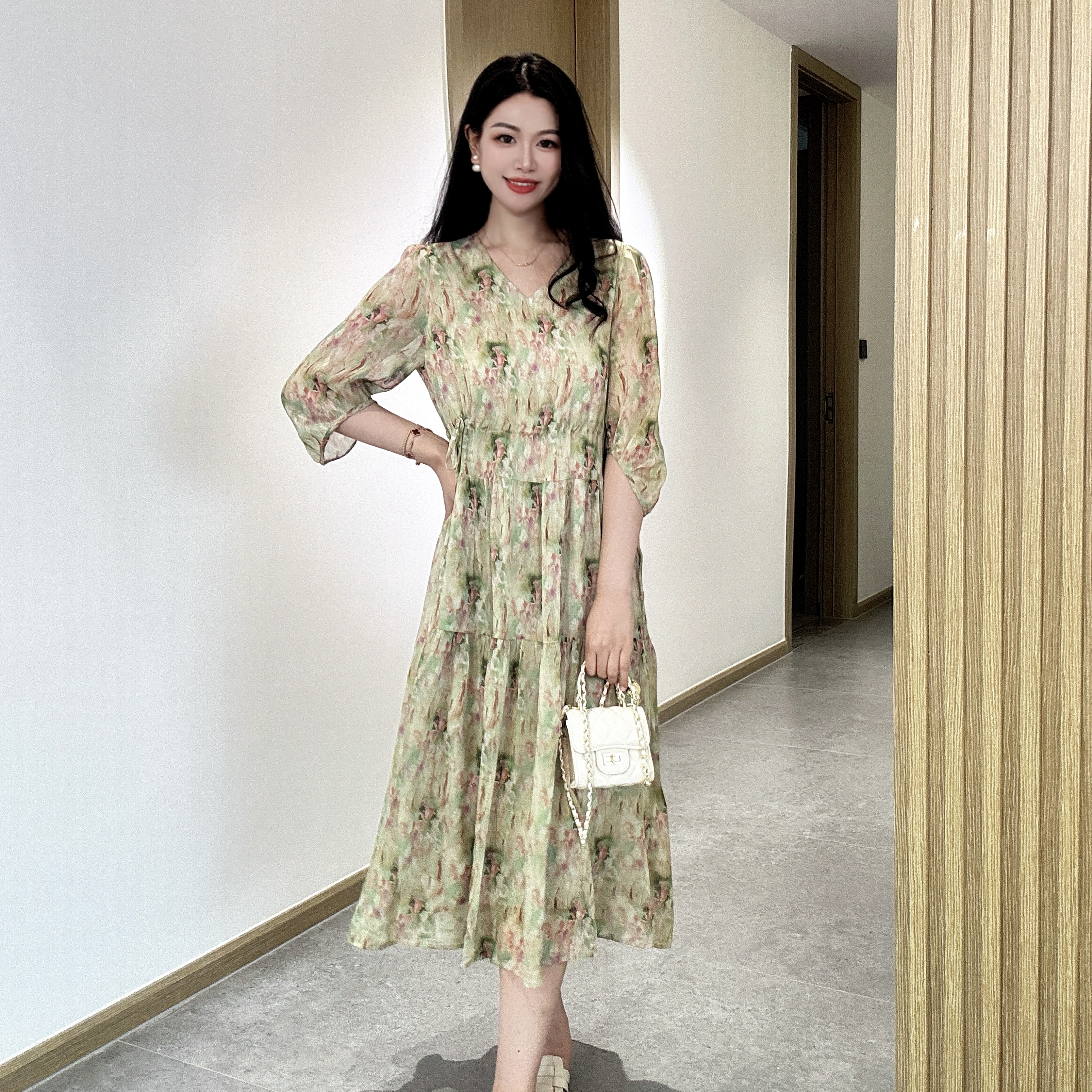 DYY·【静海竹林】2025V领手工缝珠长裙百搭显瘦遮肉气质连衣裙新款