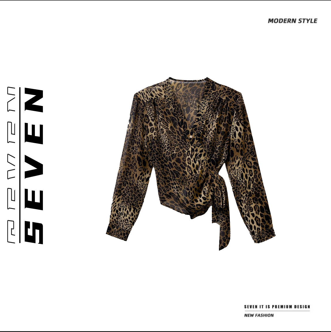 SEVEN【巴黎旧梦】高级感时尚豹纹V领绑带御姐上衣设计感衬衣