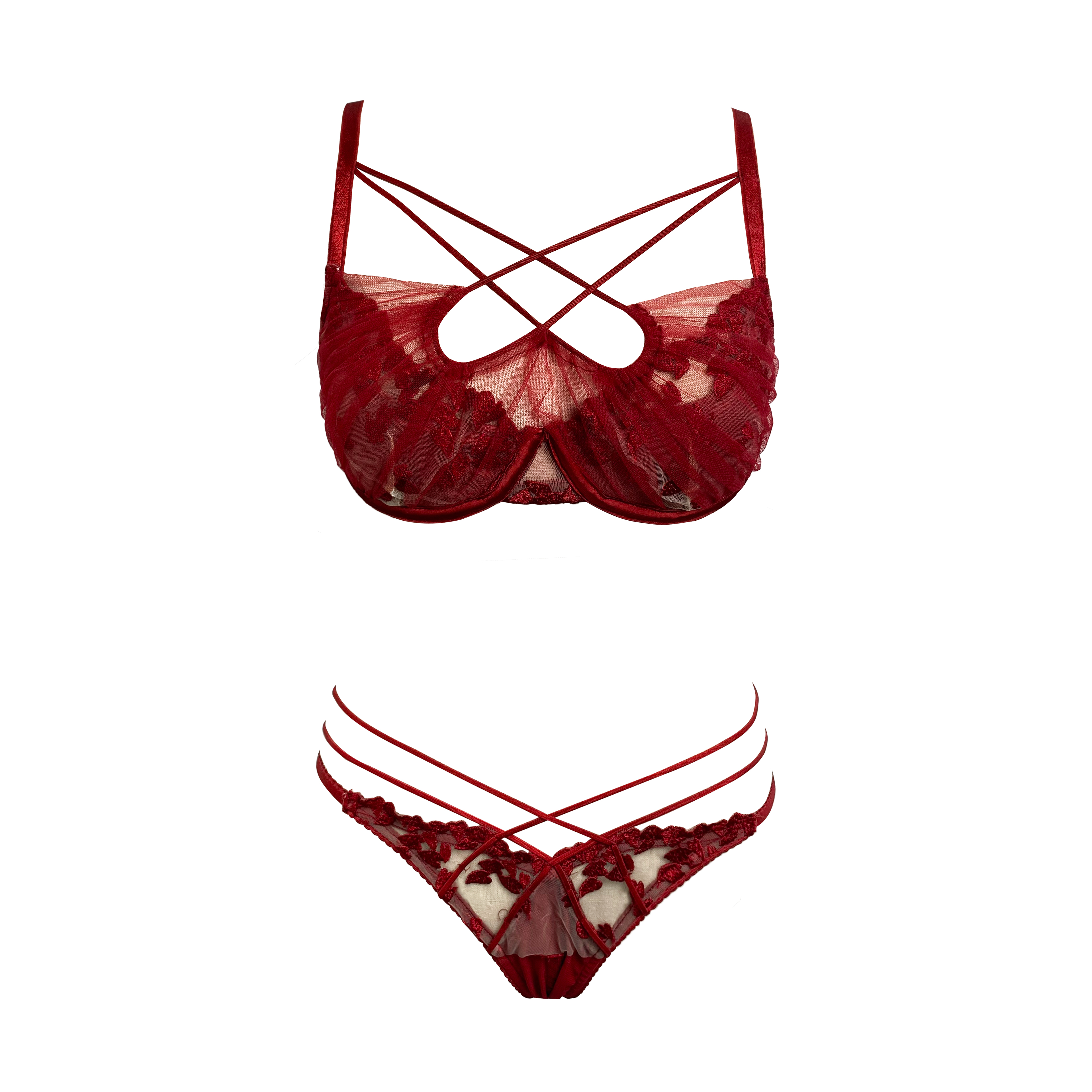 希尔顿红色来啰！纯欲爱心聚拢有钢圈 有胸垫 红色刺绣内衣套装