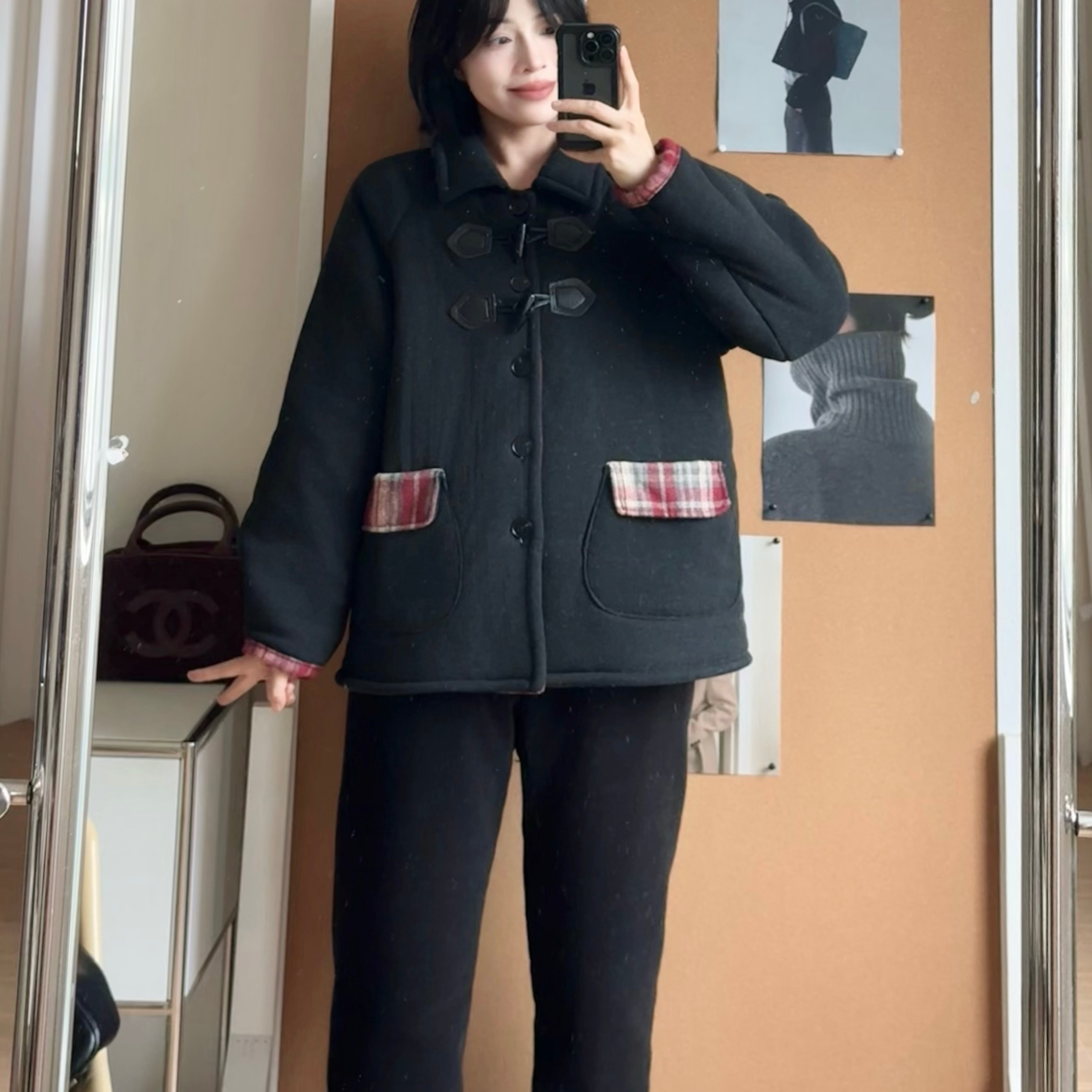 2025秋冬新款三层加绒加厚深色连帽复古休闲风保暖宽松家居服