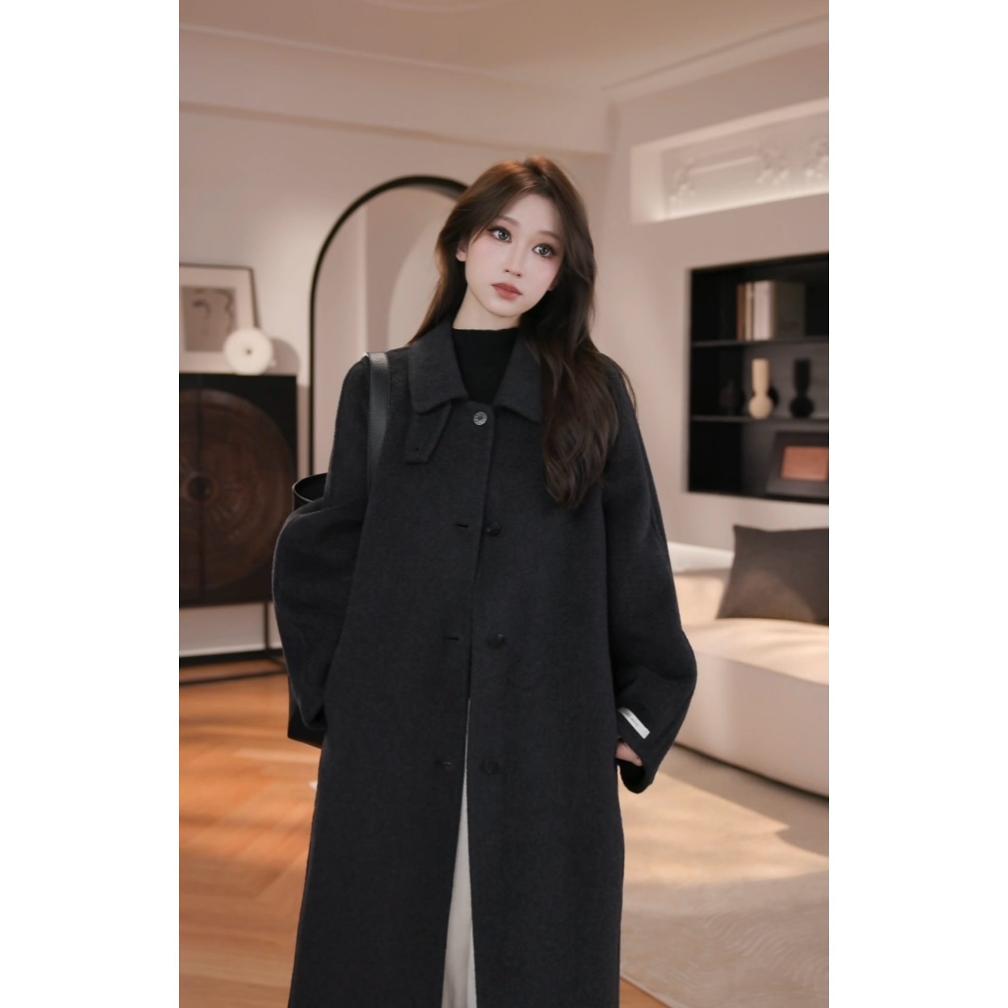 《山羊绒+绵羊毛》顶奢面料双面呢立领山羊绒绵羊毛大衣带腰带长款