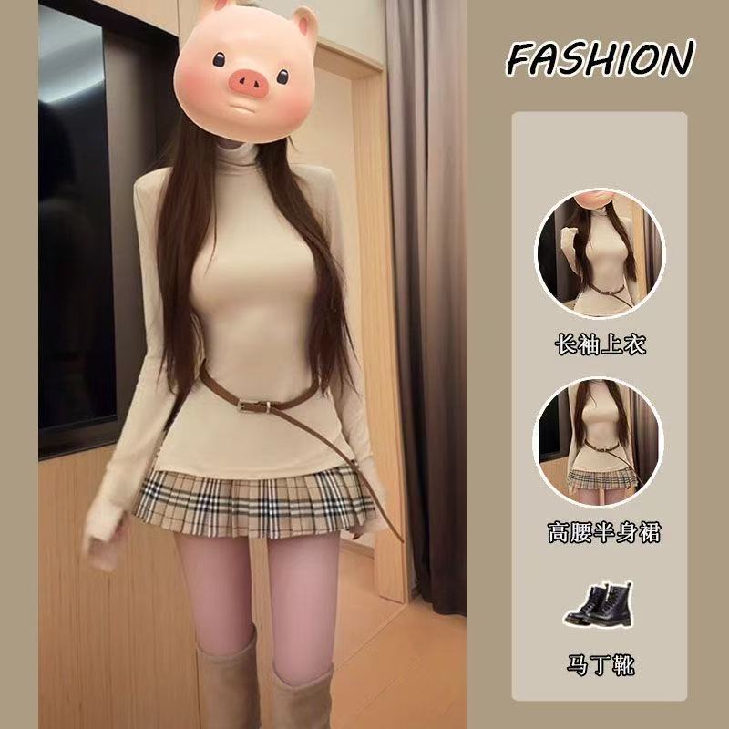 套装女纯欲秋冬韩系辣妹修身不规则长袖T恤上衣高腰半身裙两件套