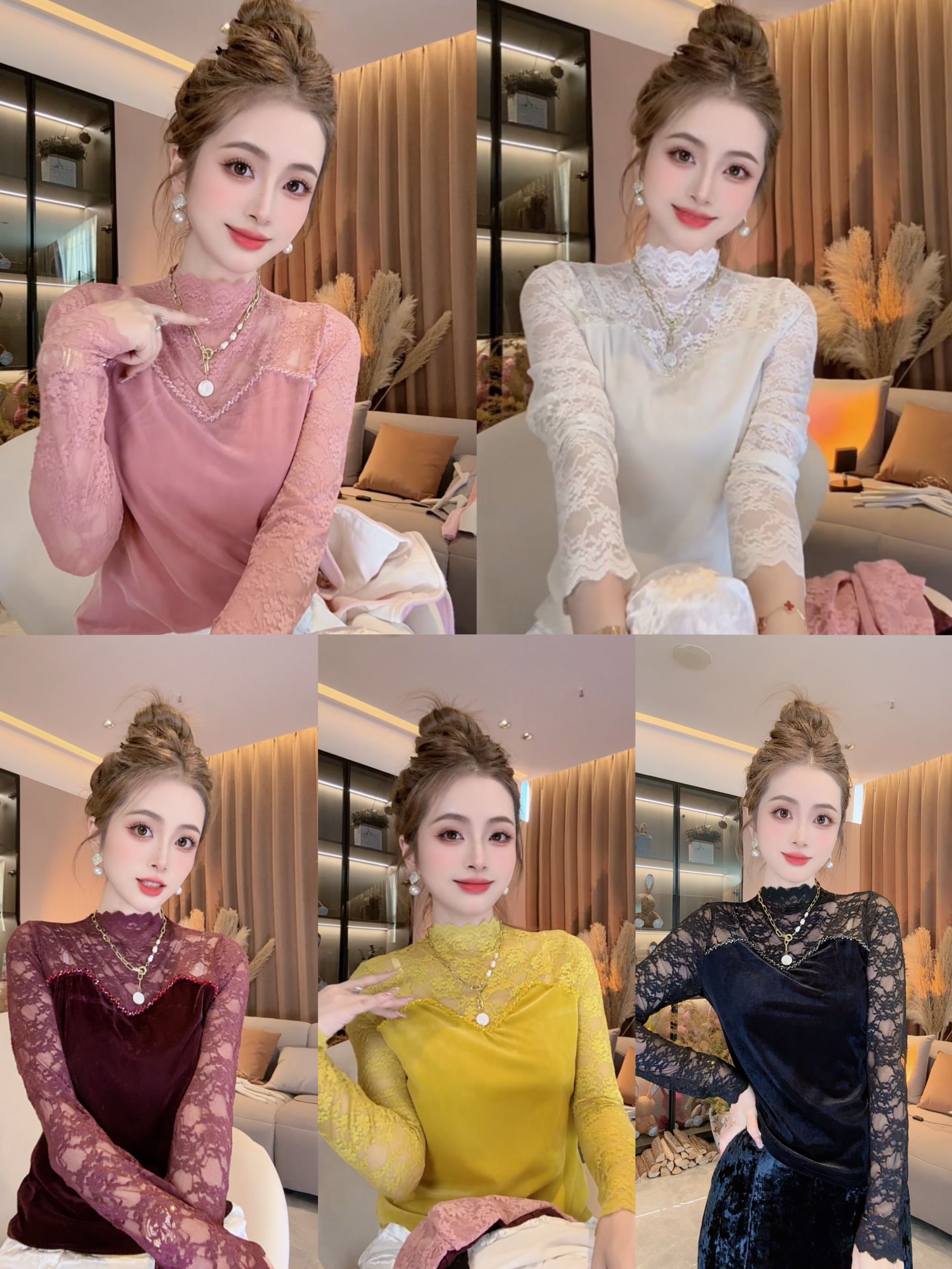 SS.studio/双双“精致蕾丝”拼接长袖蕾丝打底衫秋冬内搭保暖高领