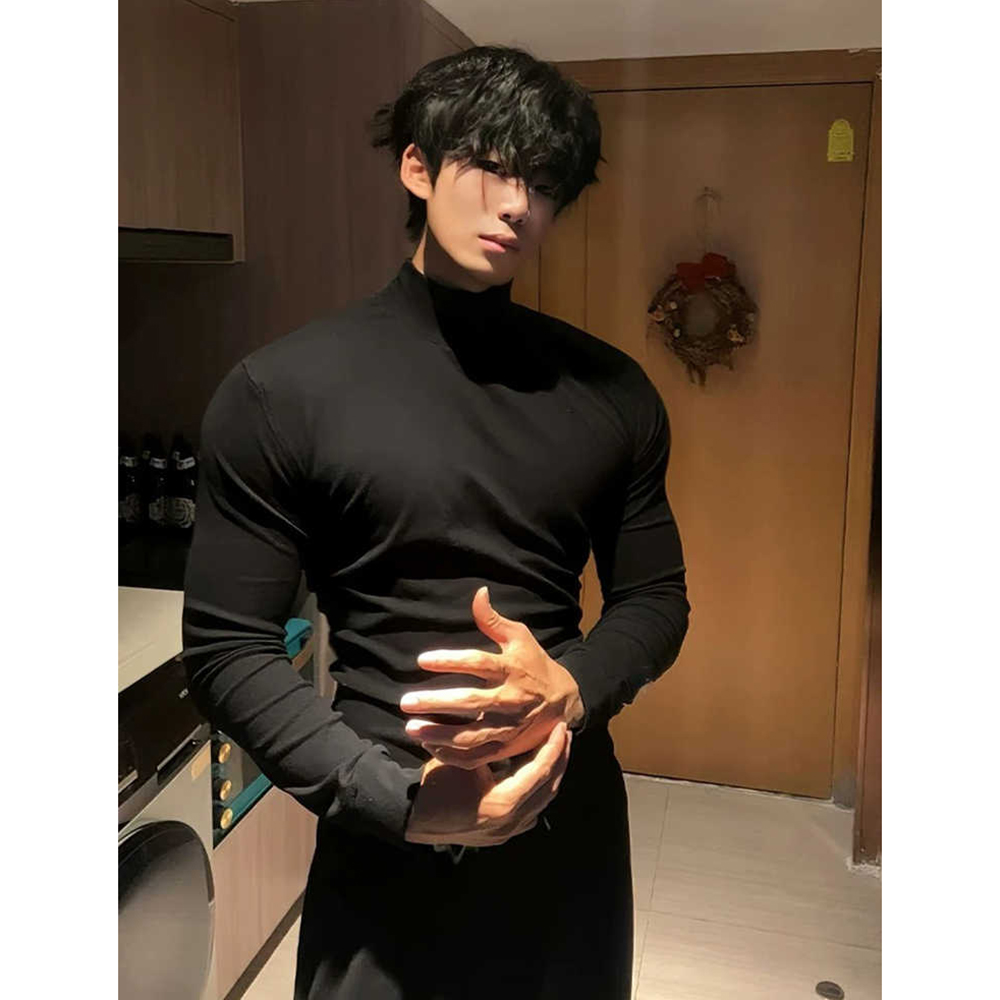 黑色半高领加绒打底衫男款秋冬双面绒内搭长袖t恤小领口德绒卫衣