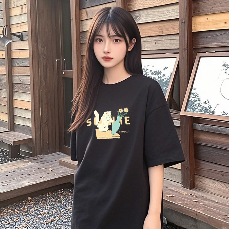 浅绿色t恤女款重磅纯棉短袖t恤女夏季洋气减龄上衣设计感小众小猫