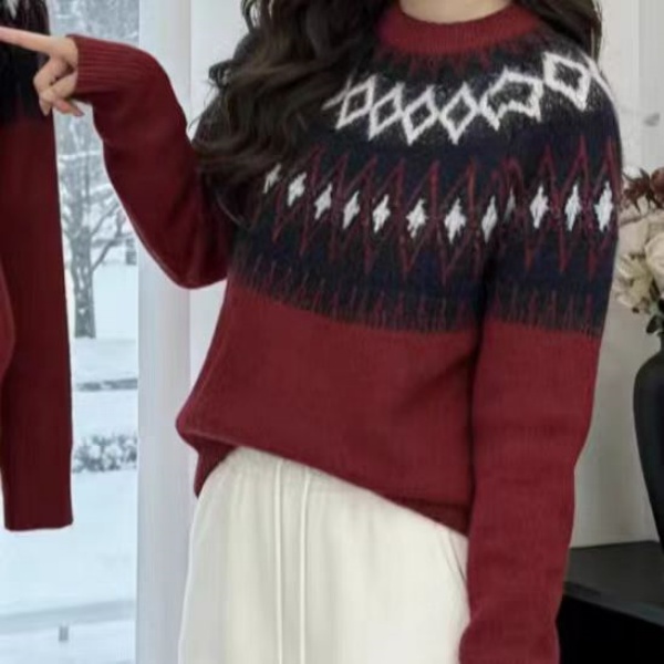 【红凤凰】2025秋冬新款复古提花蓬松柔软宽松套头长袖毛衣