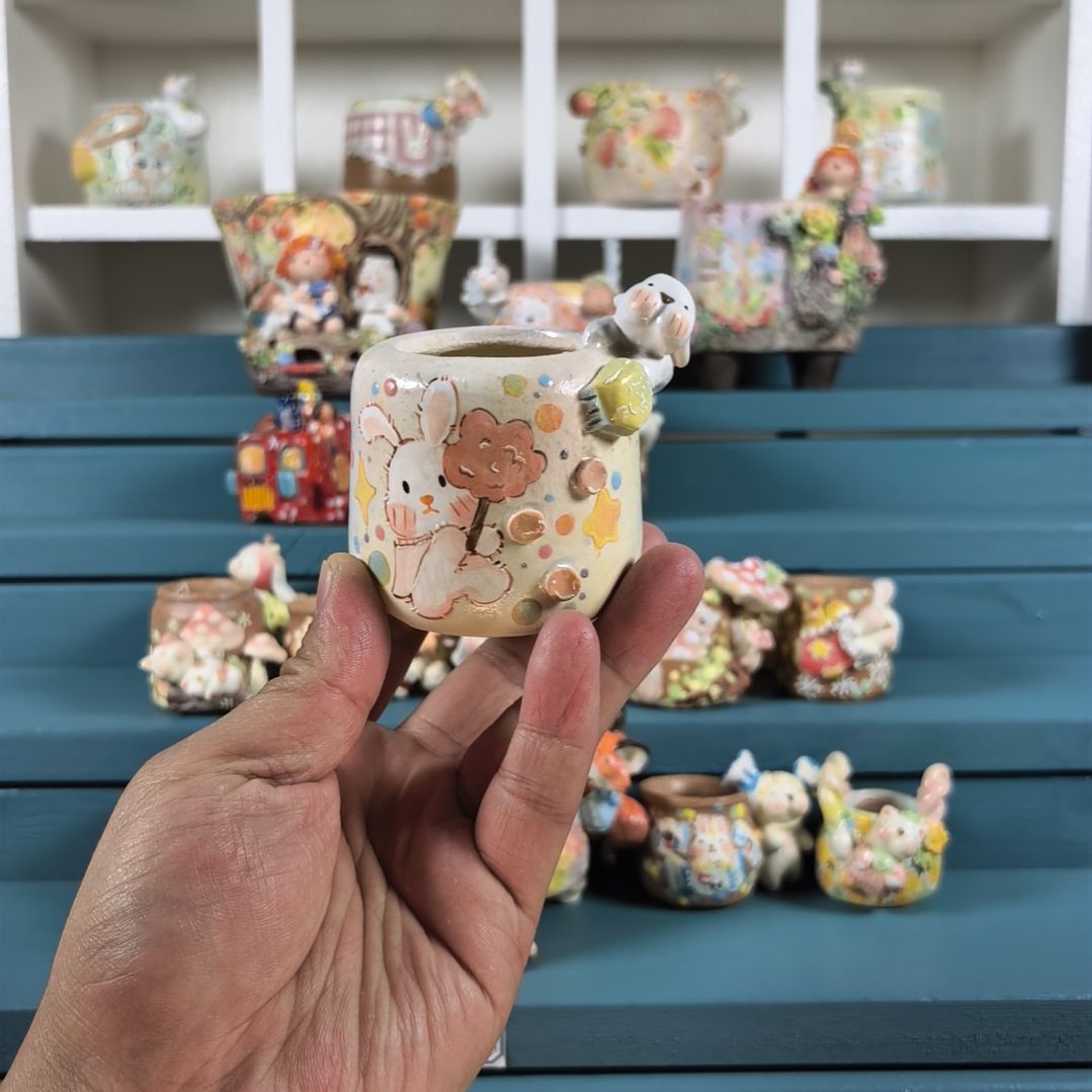 棉花糖 小兔  手绘多肉花盆