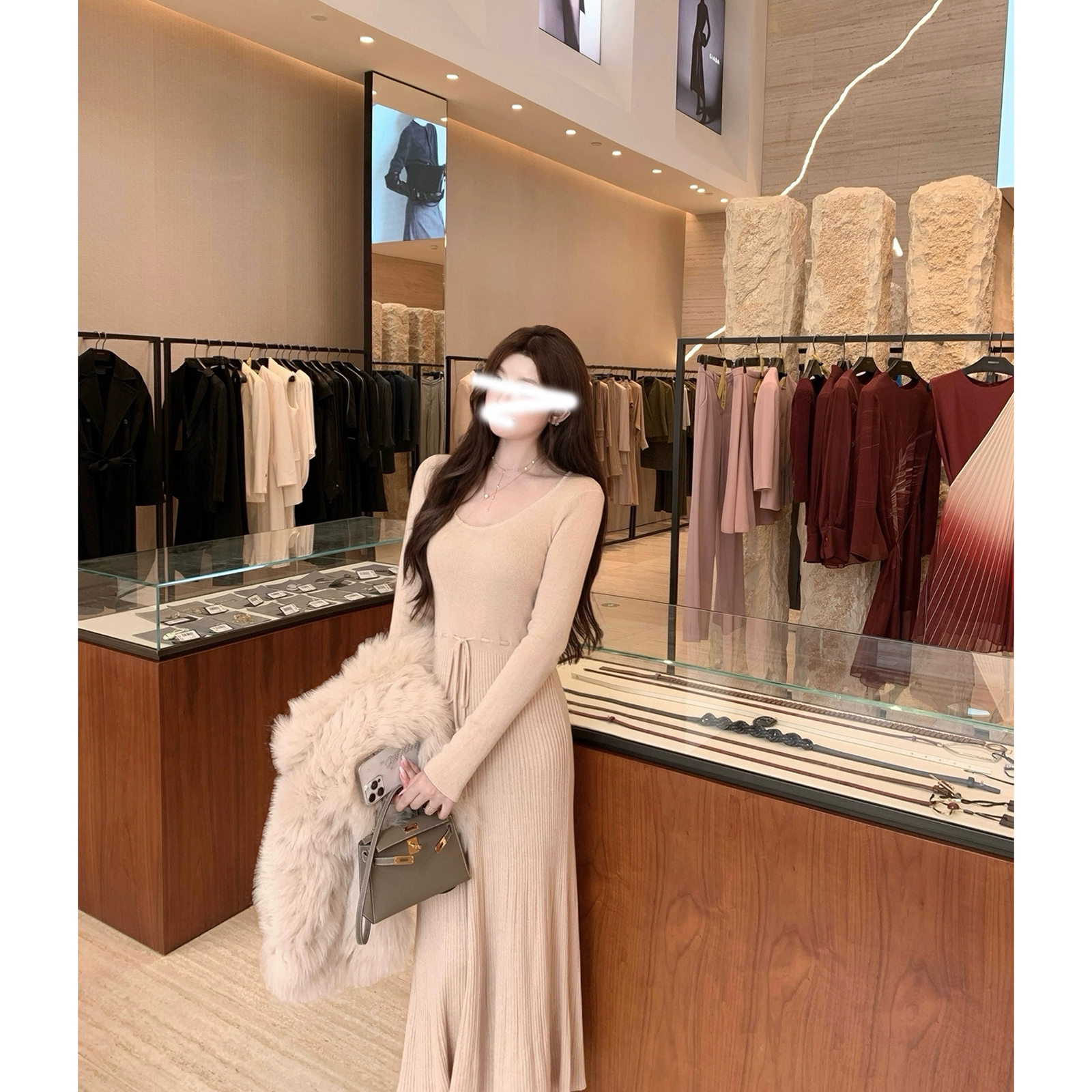 高雅之美 咩咩毛柔软垂感针织连衣裙女2025秋冬新款气质长袖裙子