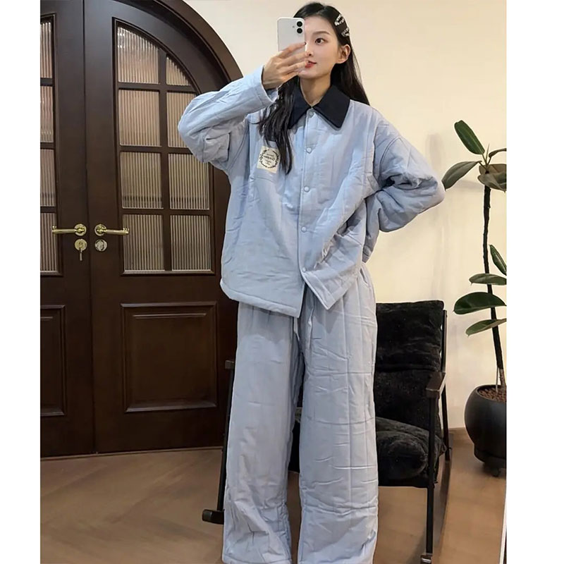 韩系少女简约纯色夹棉睡衣女秋冬款棉服加绒加厚家居服套装可外穿