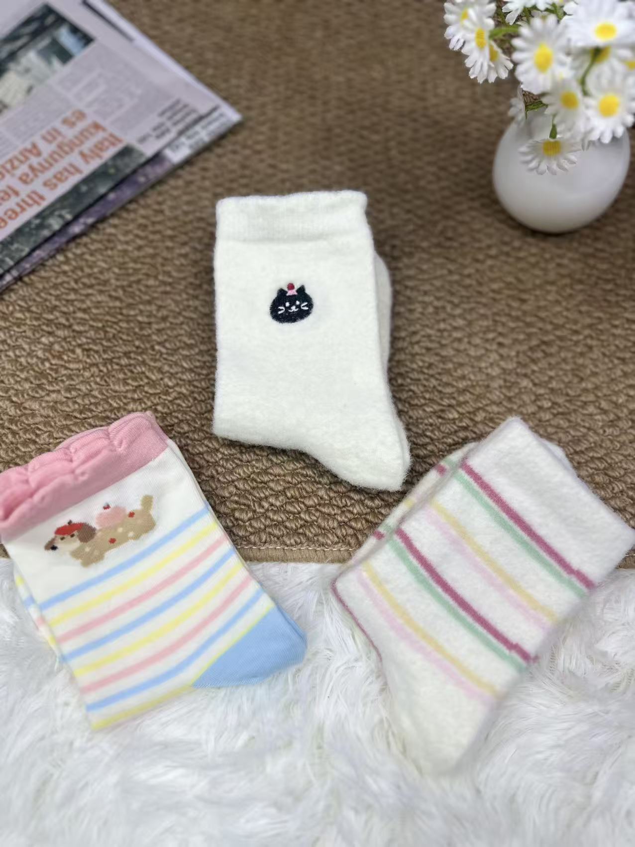201女中筒公主风秋季保暖动物中筒袜春季纯色印花拼接