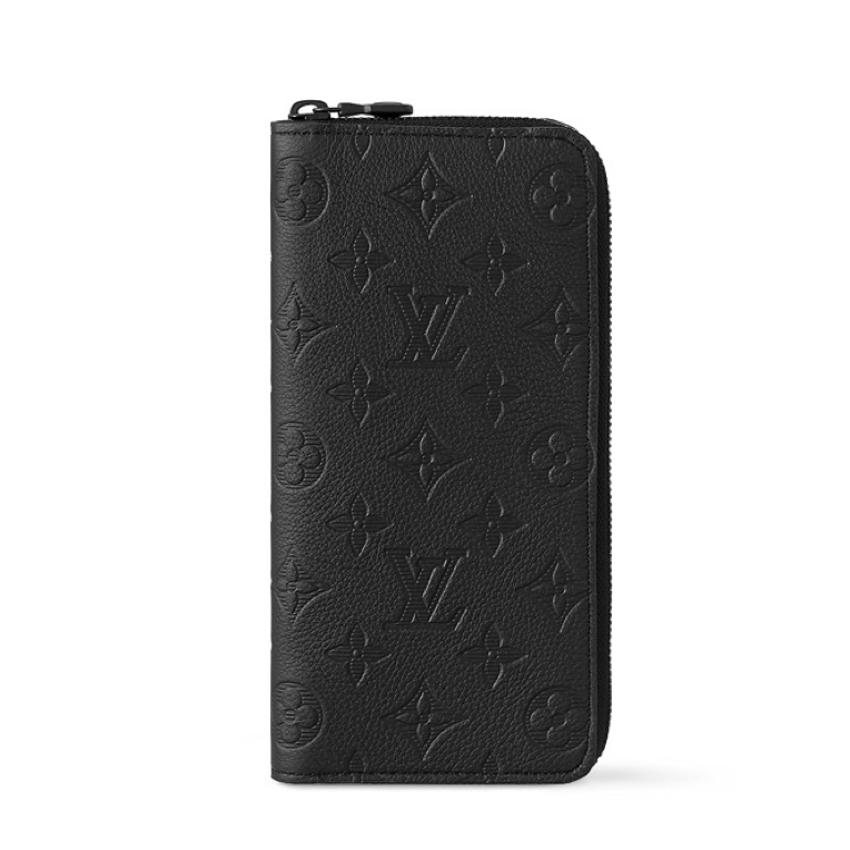 99新 LouisVuitton/路易威登 黑颗粒牛皮压花4832窄版拉链窄钱包