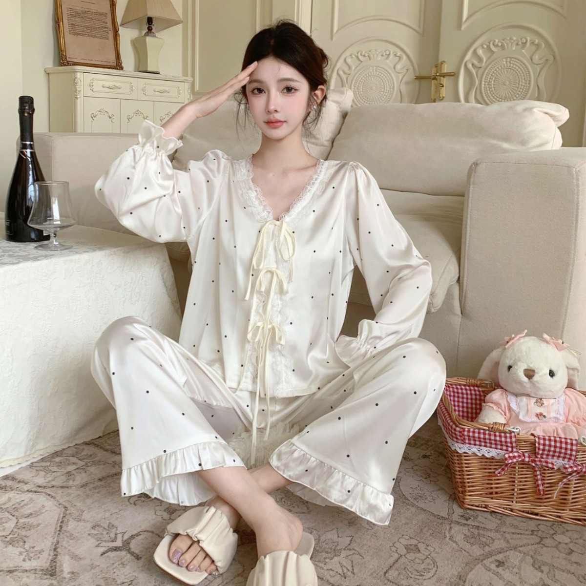 白色波点丨纯欲风冰丝睡衣女秋冬新款透气宽松甜美蕾丝家居服套装