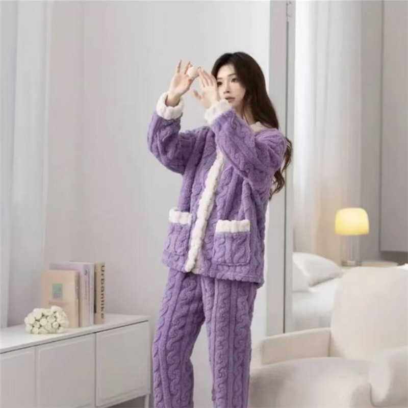女款套装加厚冬季长袖秋冬保暖睡衣条纹家居服套装休闲时尚加绒