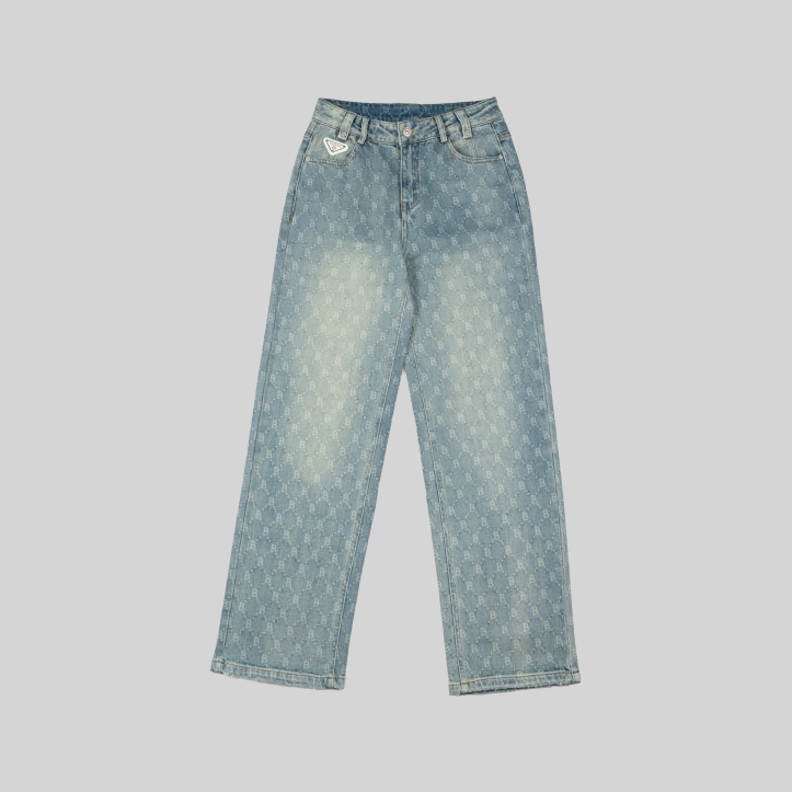 LiLi 新款B字母定制提花牛仔裤复古高街直筒宽松 151956