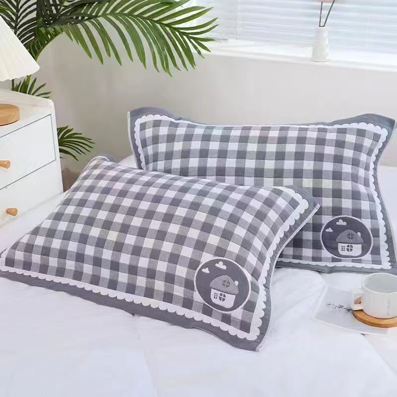 【格子蘑菇灰】52*78cm棉纱布柔软舒适枕巾一对两只