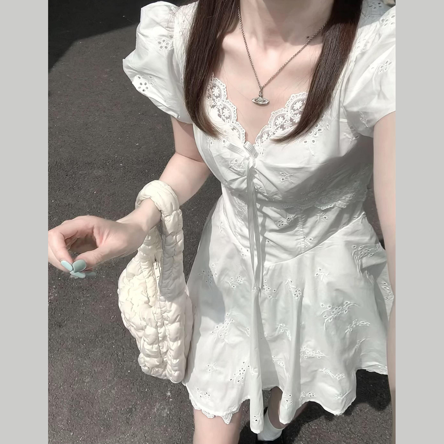 【现货+运补】蕾丝泡泡袖白色连衣裙子女夏小个子收腰a字短裙3525