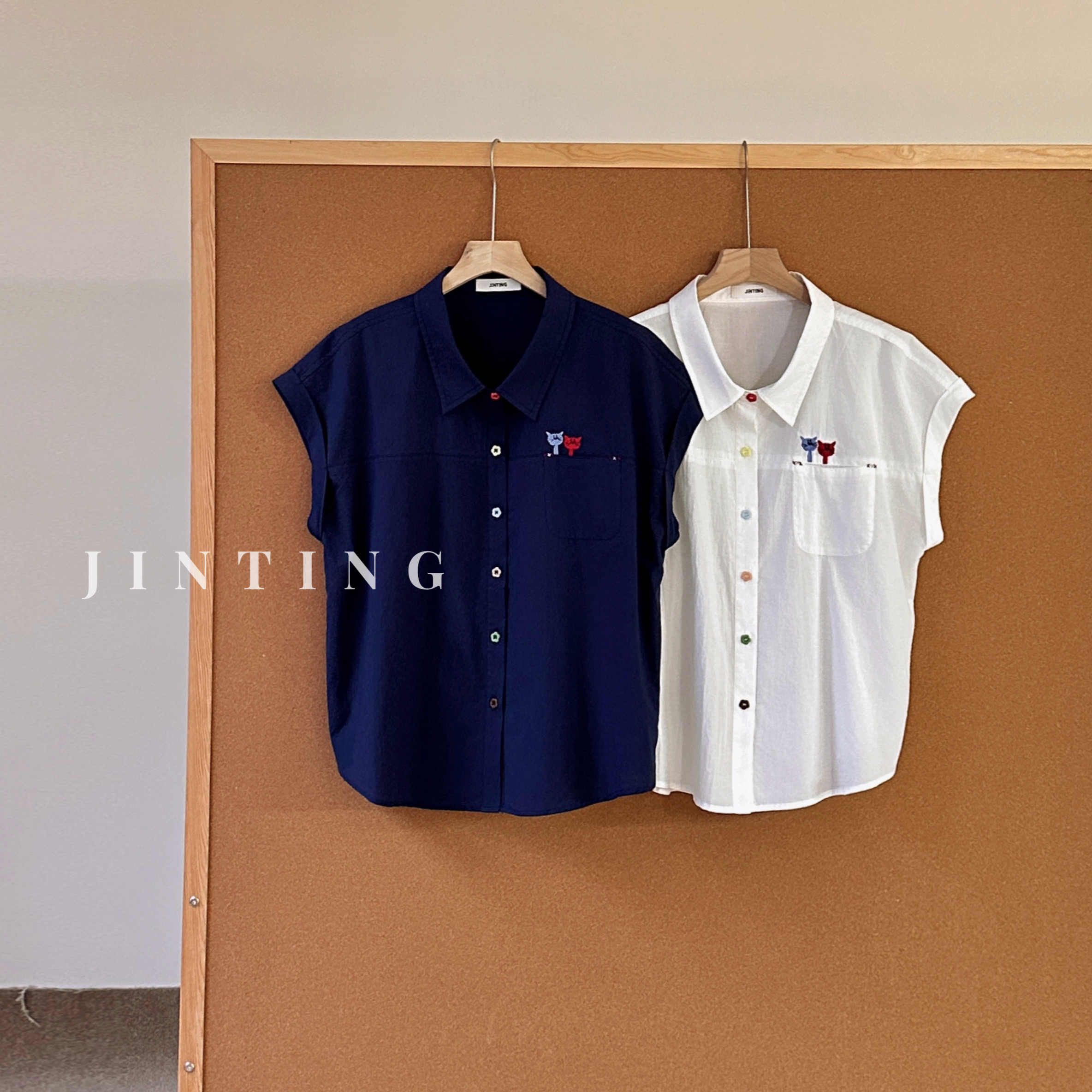 今婷 简约新款时尚绣花小猫宽松显瘦设计感百搭衬衫-M25202418   